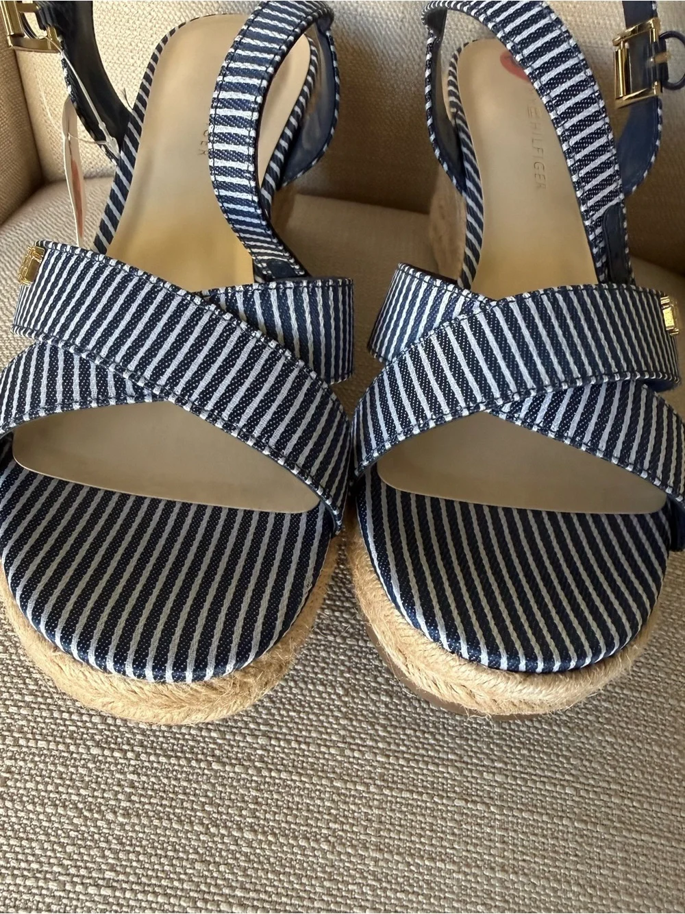 Tommy Hilfiger Striped Espadrille Wedge Sandals Navy White Size 9.5, NWT